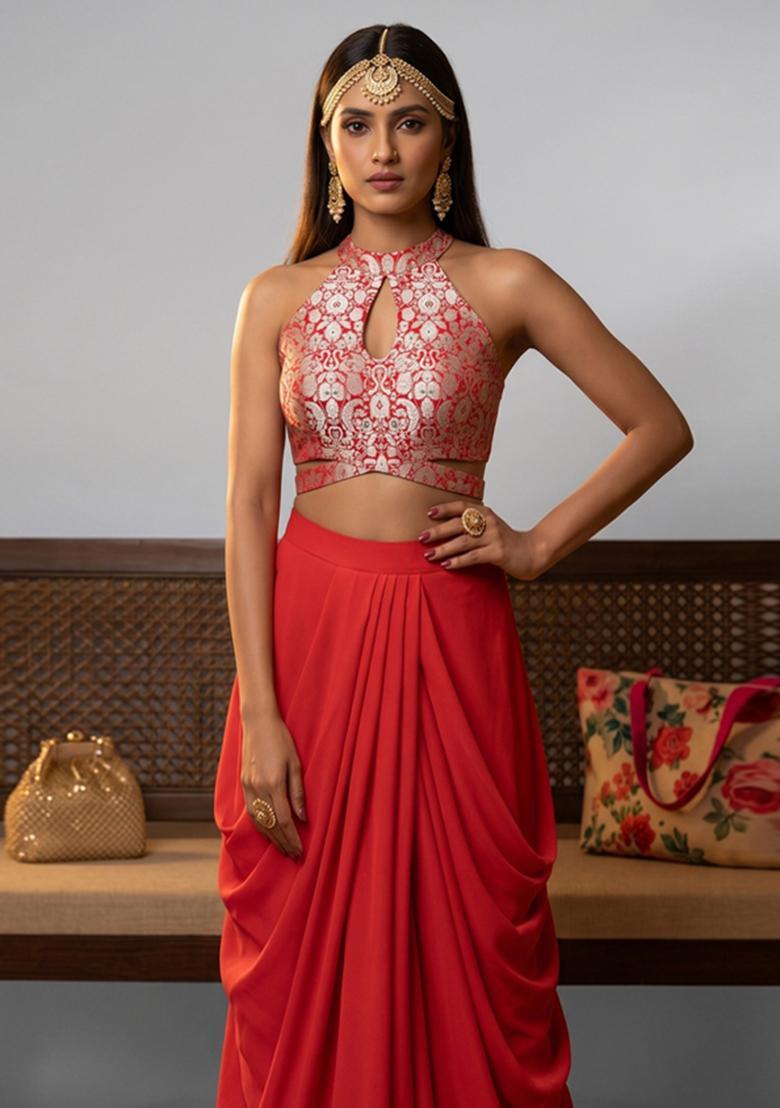 Red Jacquard Brocade Fusion Set - Indya