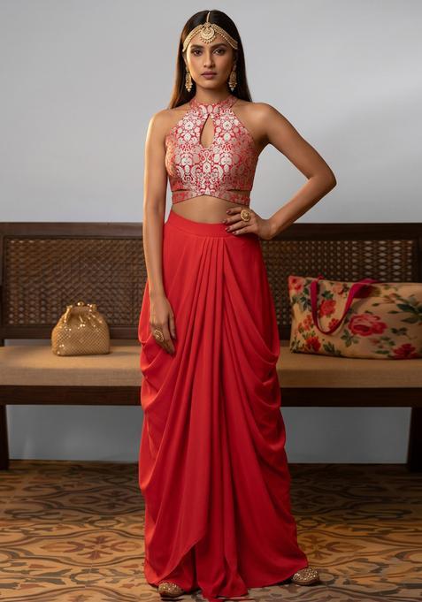 Red Jacquard Brocade Fusion Set