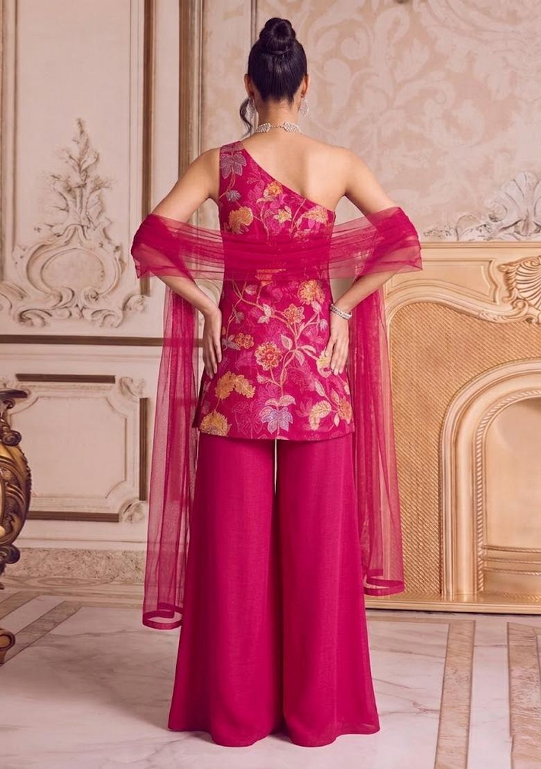 Rani Pink Embroidered Organza Fusion Set - Indya