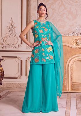 Blue Embroidered Organza Fusion Set