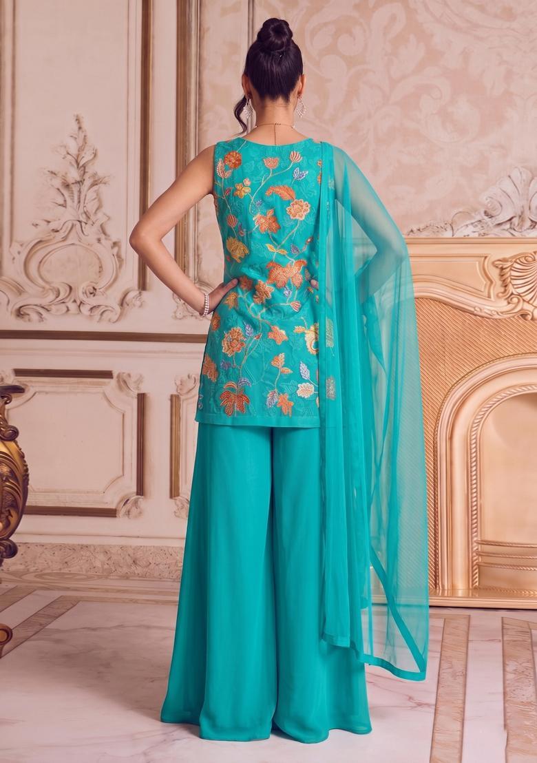 Blue Embroidered Organza Fusion Set - Indya