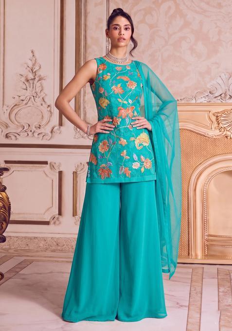 Blue Embroidered Organza Fusion Set