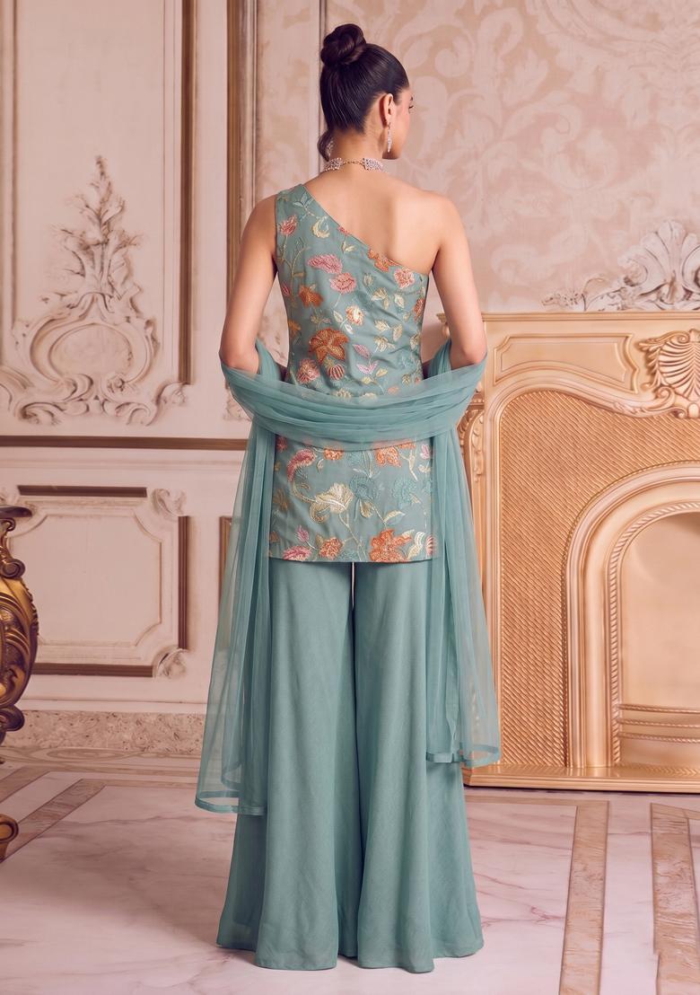 Sage Green Embroidered Organza Sharara Set - Indya