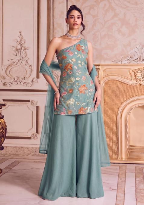 Olive Green Embroidered Organza Sharara Set