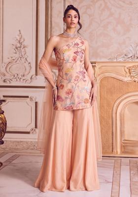 Peach Embroidered Organza Fusion Set