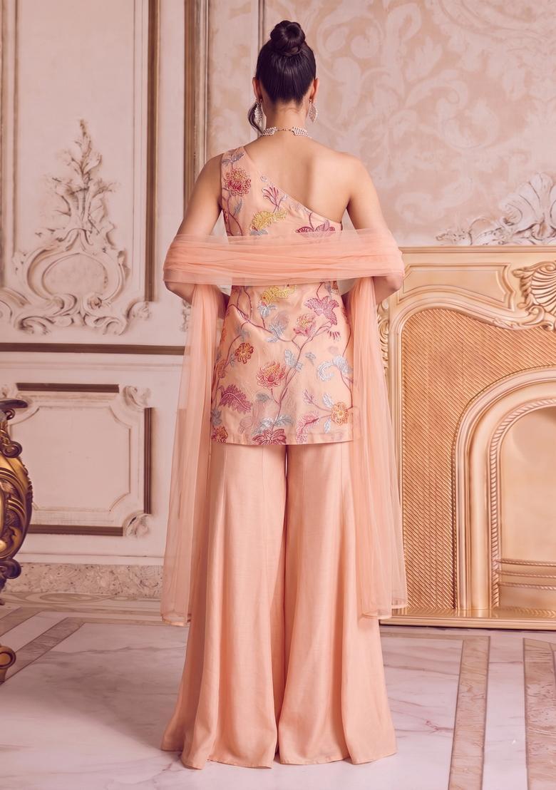 Peach Embroidered Organza Fusion Set - Indya