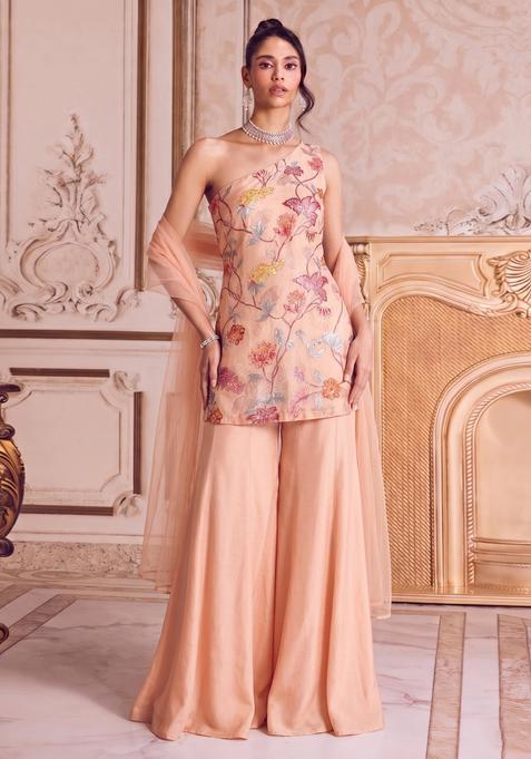Peach Embroidered Organza Fusion Set