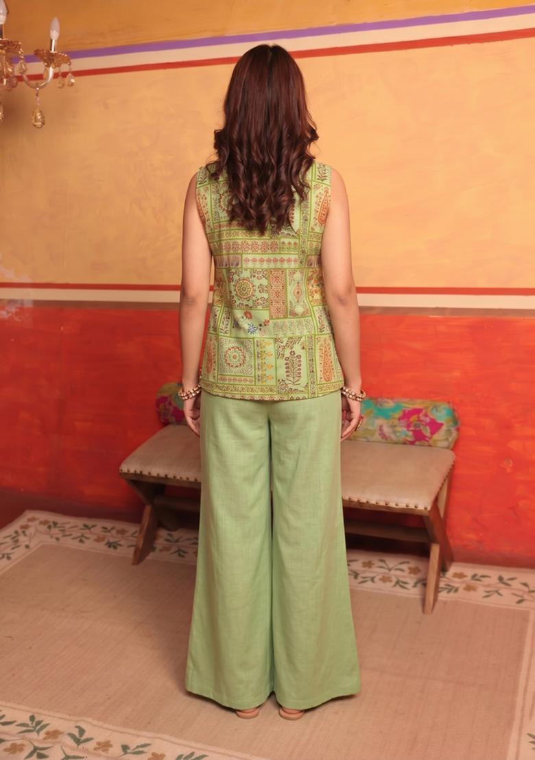 Mint Green Jacquard Brocade Fusion Set - Indya