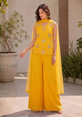 Mustard Printed Crepe Lehenga Set