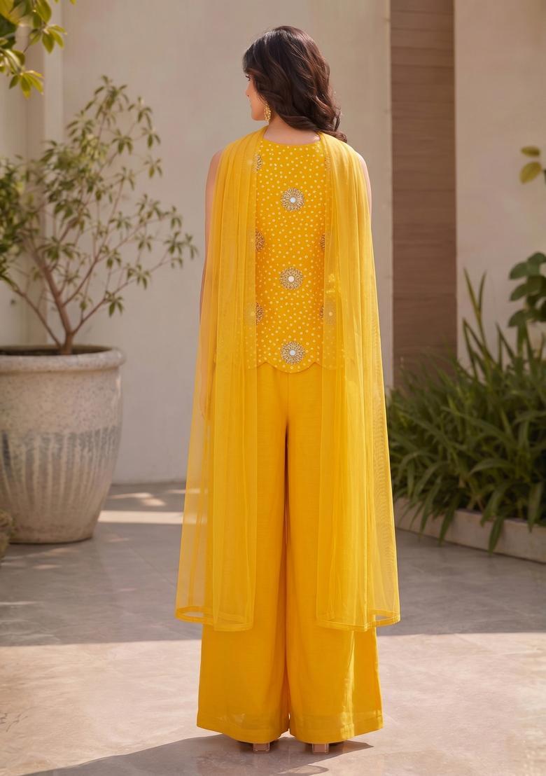 Mustard Printed Crepe Lehenga Set - Indya