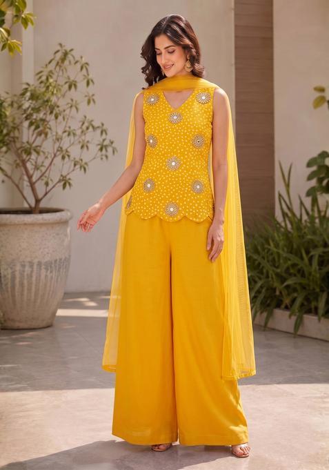 Mustard Printed Crepe Lehenga Set