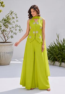 Lime Green Printed Crepe Fusion Set