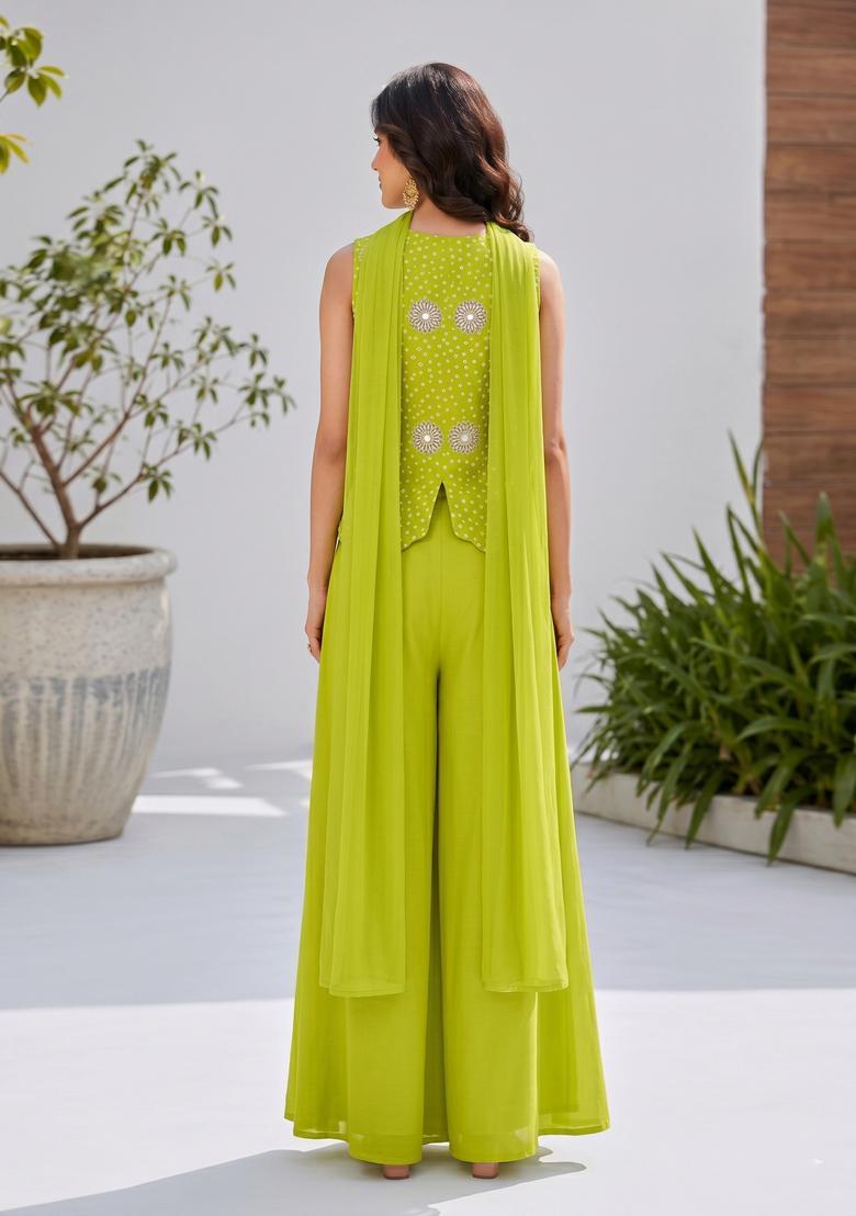 Lime Green Printed Crepe Fusion Set - Indya