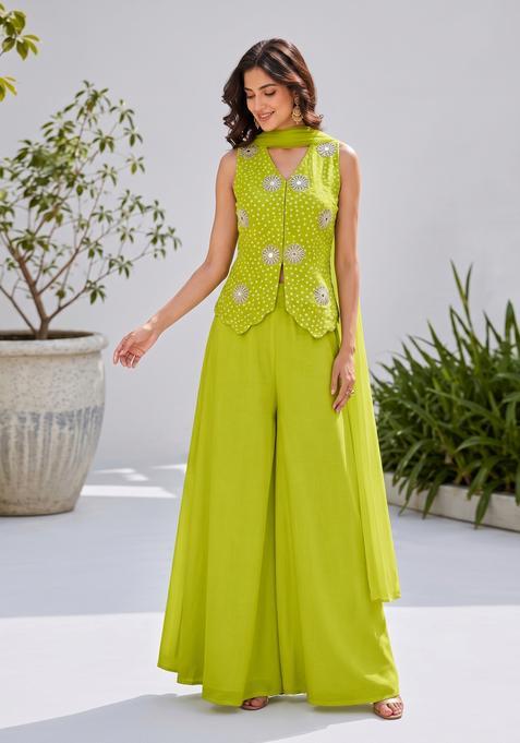 Lime Green Printed Crepe Fusion Set
