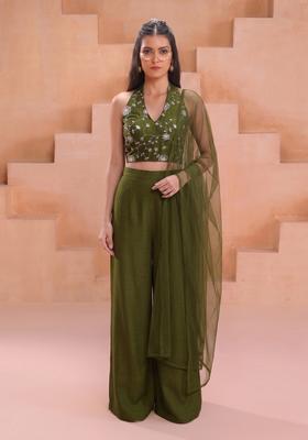 Henna Green Embroidered Silk Fusion Set