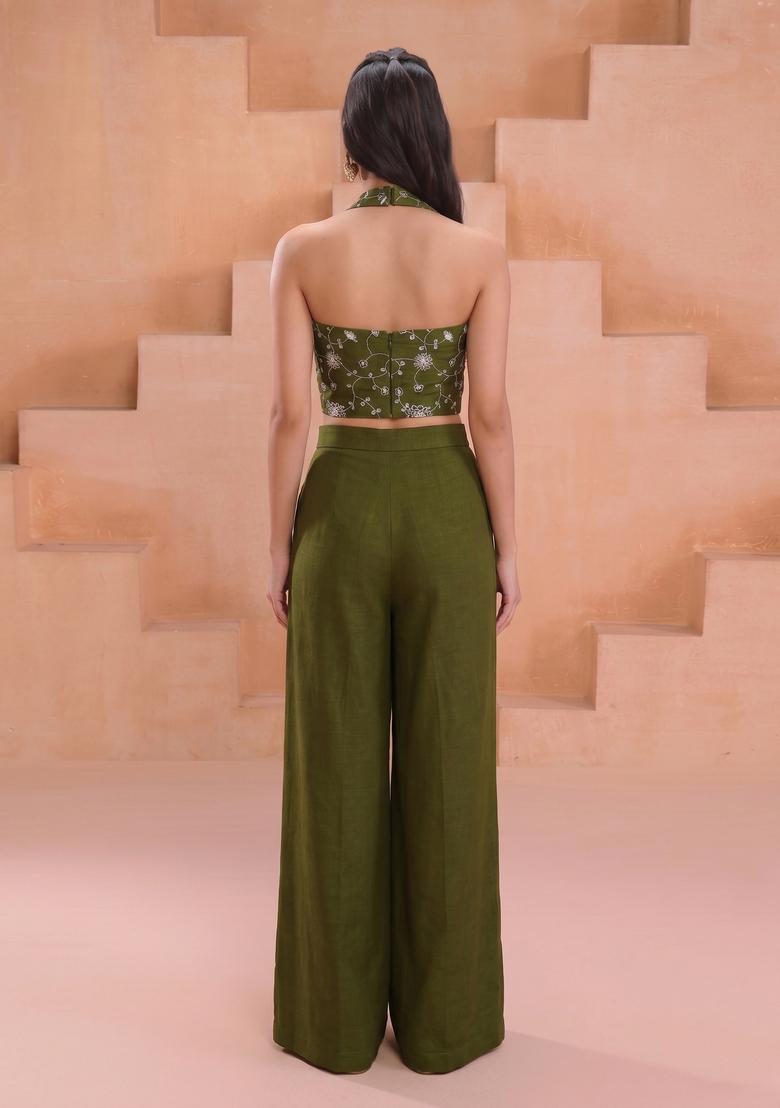 Henna Green Embroidered Silk Fusion Set - Indya