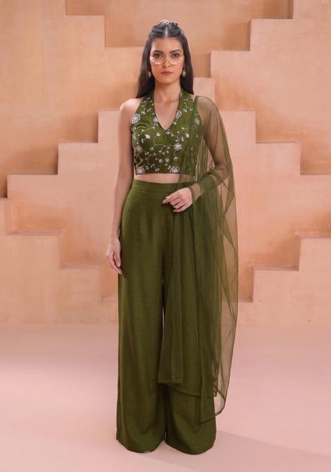 Olive Green Embroidered Silk Fusion Set