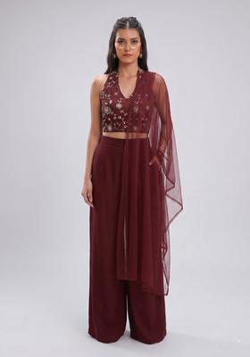 Maroon Embroidered Silk Fusion Set