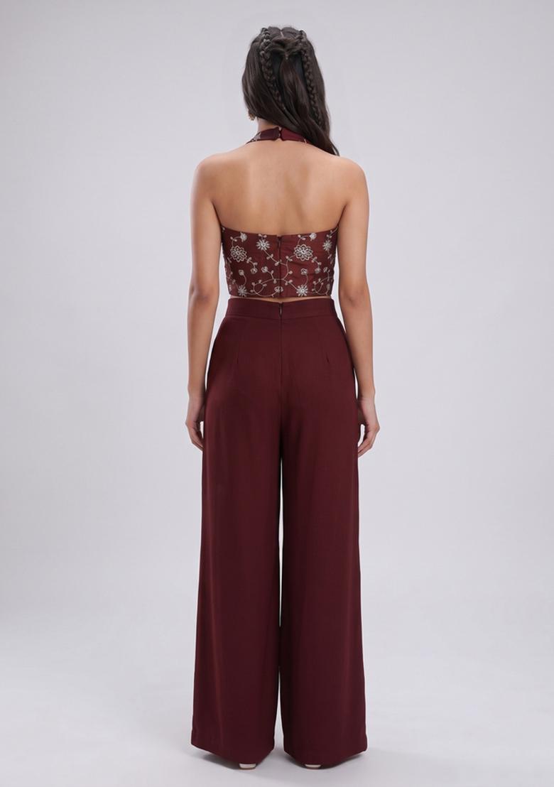 Maroon Embroidered Silk Fusion Set - Indya