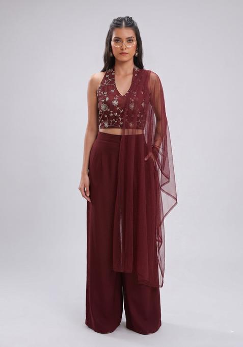 Maroon Embroidered Silk Fusion Set