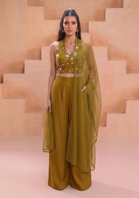 Olive Green Embroidered Silk Fusion Set