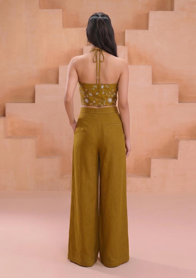 Olive Green Embroidered Silk Fusion Set - Indya