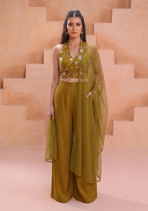 Olive Green Embroidered Silk Fusion Set