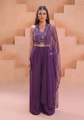 Purple Embroidered Silk Fusion Set