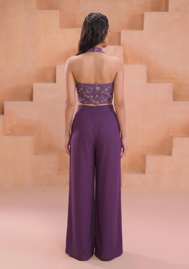 Purple Embroidered Silk Fusion Set - Indya