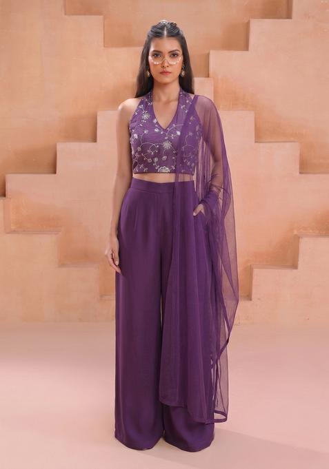 Purple Embroidered Silk Fusion Set