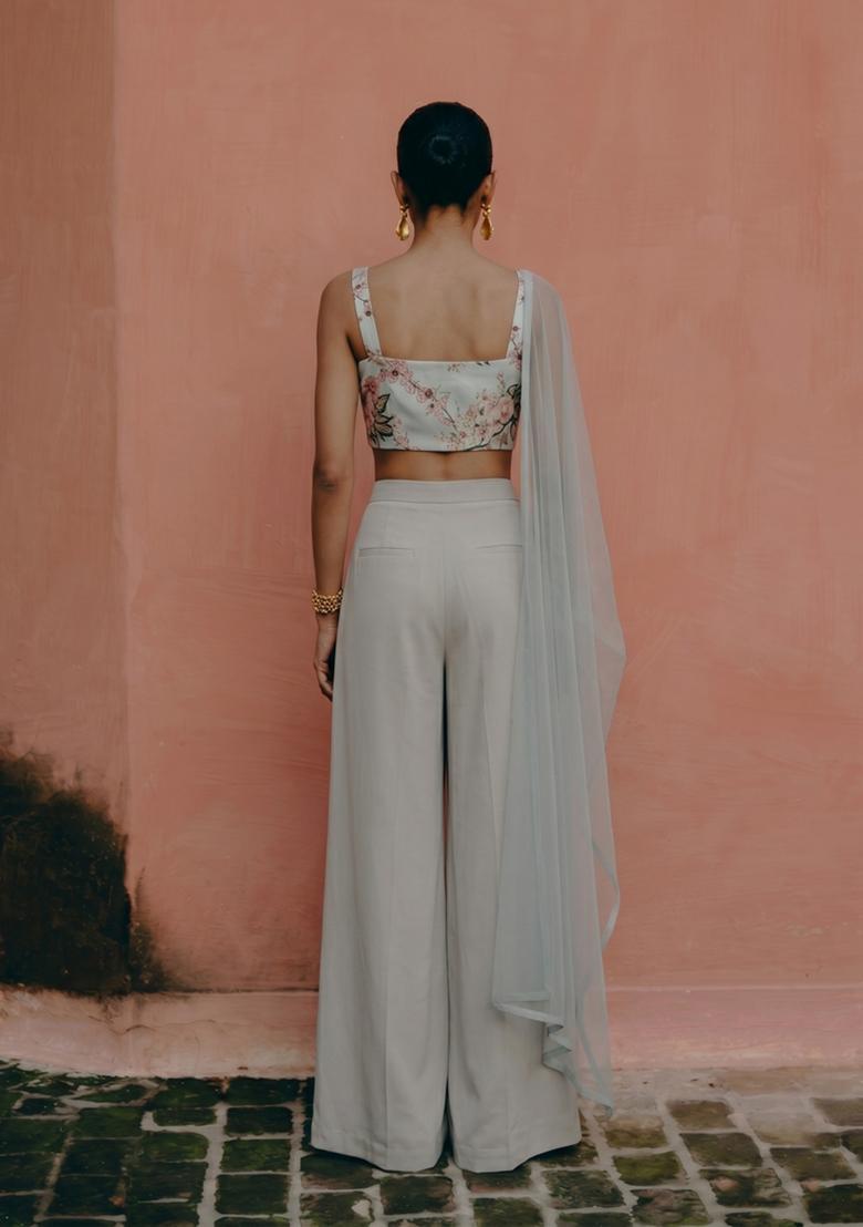 Off White Printed Georgette Fusion Set - Indya