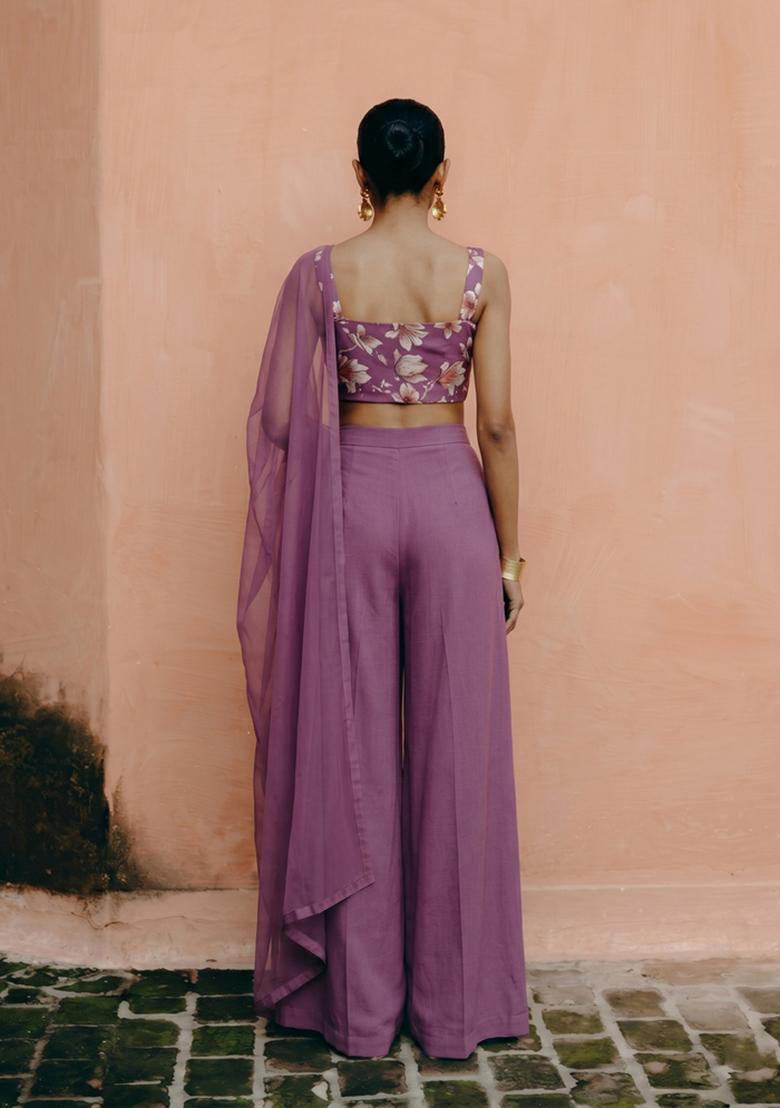 Purple Printed Georgette Fusion Set - Indya
