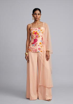 Peach Printed Georgette Fusion Set
