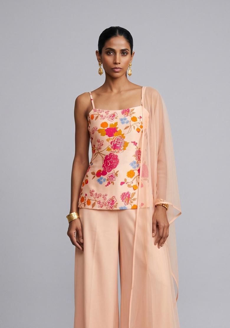 Peach Printed Georgette Fusion Set - Indya