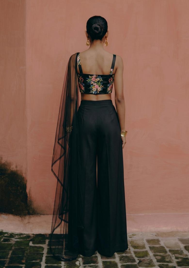 Black Printed Georgette Fusion Set - Indya