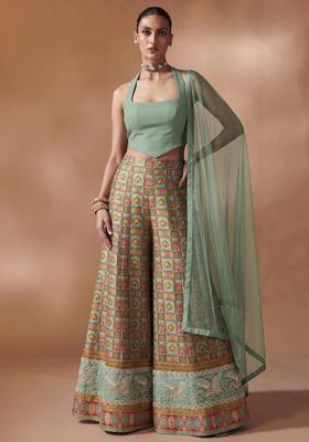 Mint Green Printed Silk Fusion Set