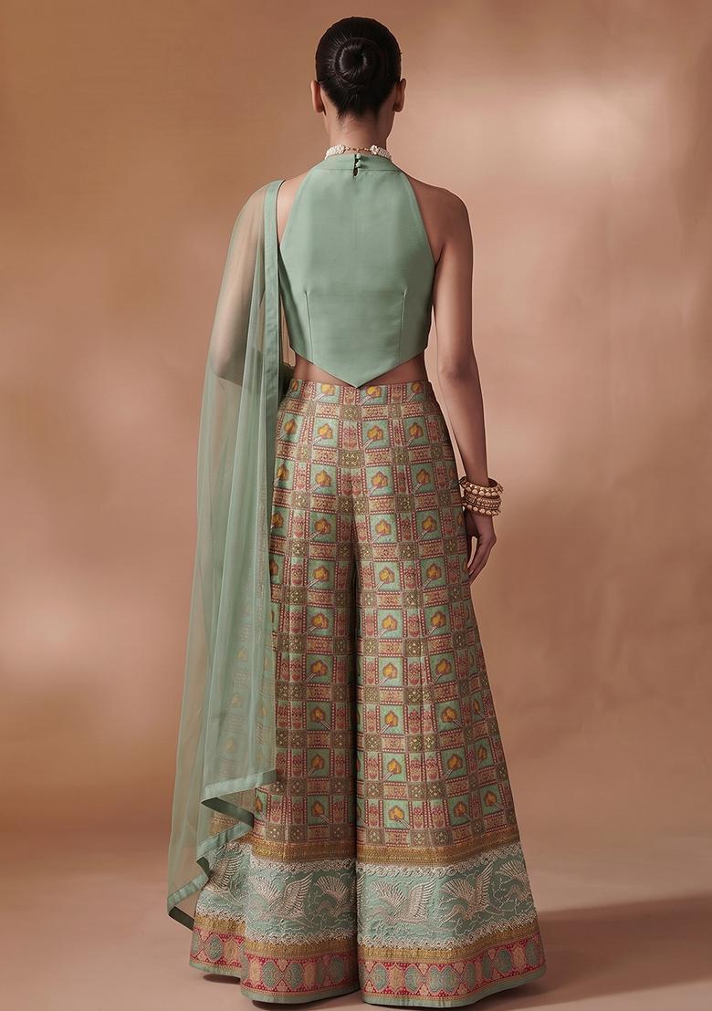 Mint Green Printed Silk Fusion Set - Indya