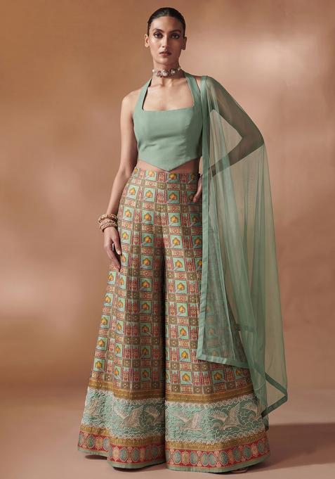 Mint Green Printed Silk Fusion Set