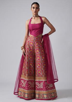 Rani Pink Embroidered Silk Fusion Set