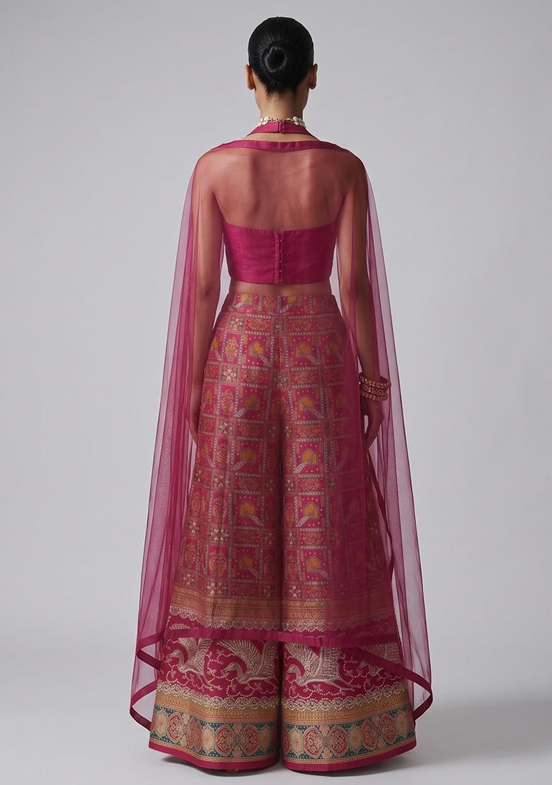 Rani Pink Embroidered Silk Fusion Set - Indya