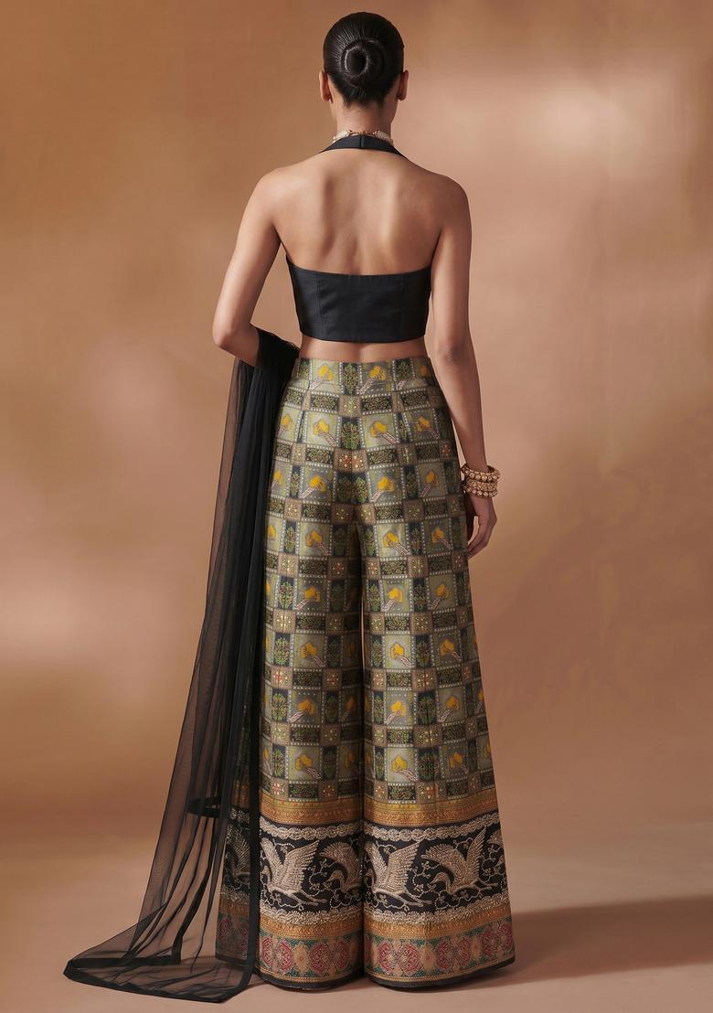 Black Embroidered Silk Fusion Set - Indya
