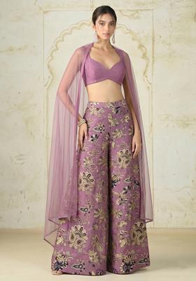 Mauve Embroidered Crepe Fusion Set