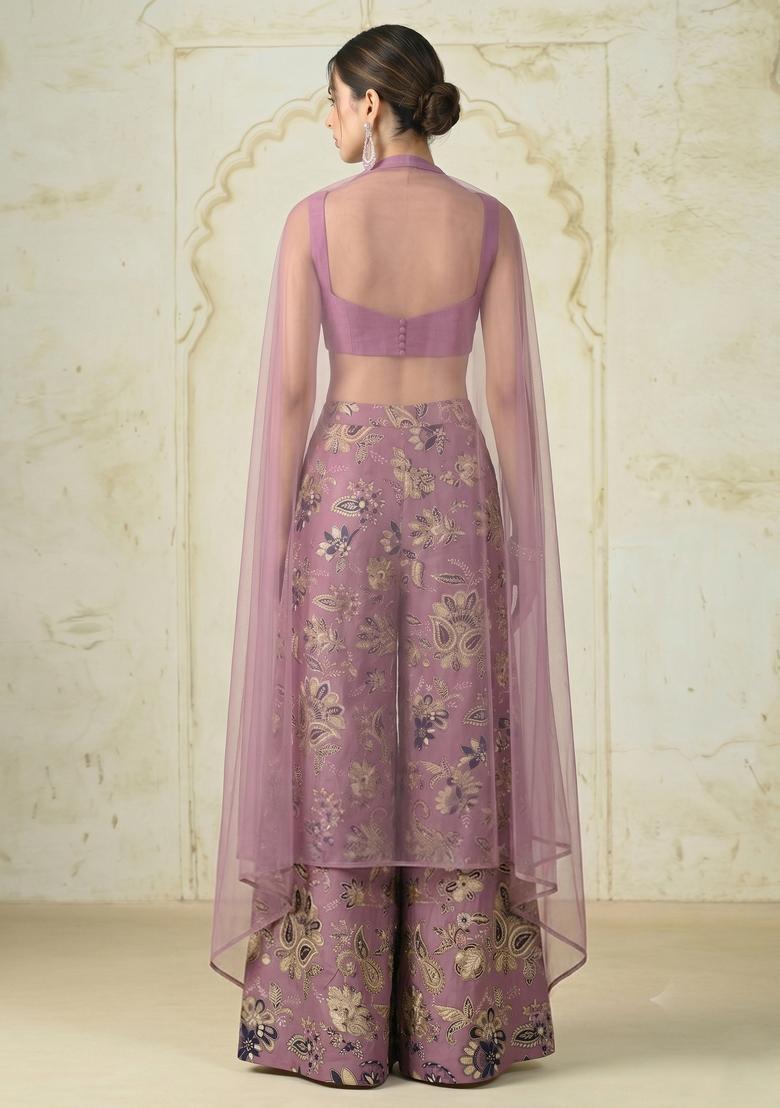 Mauve Embroidered Crepe Fusion Set - Indya