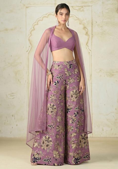 Mauve Embroidered Crepe Fusion Set