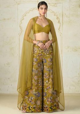 Olive Green Embroidered Crepe Fusion Set