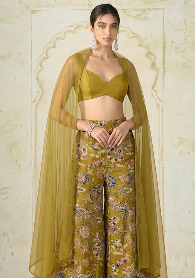 Olive Green Embroidered Crepe Fusion Set - Indya