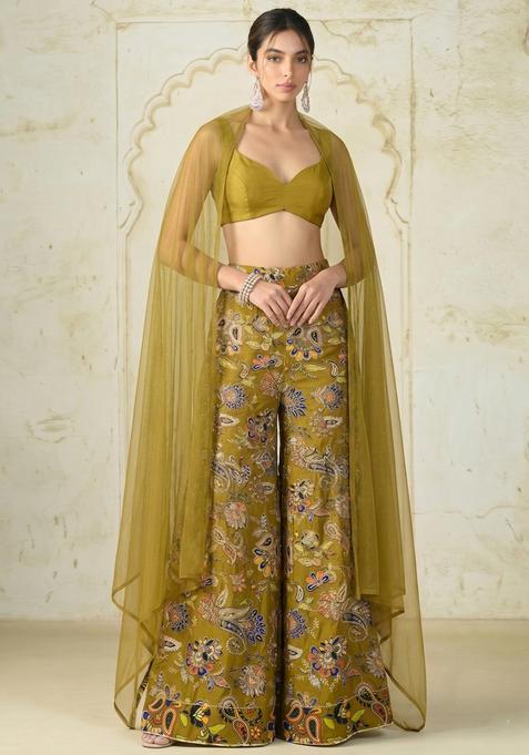 Olive Green Embroidered Crepe Fusion Set
