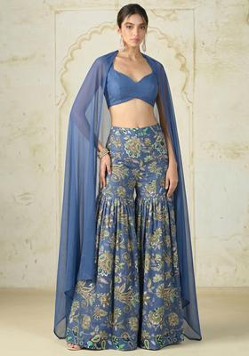 Royal Blue Embroidered Crepe Fusion Set