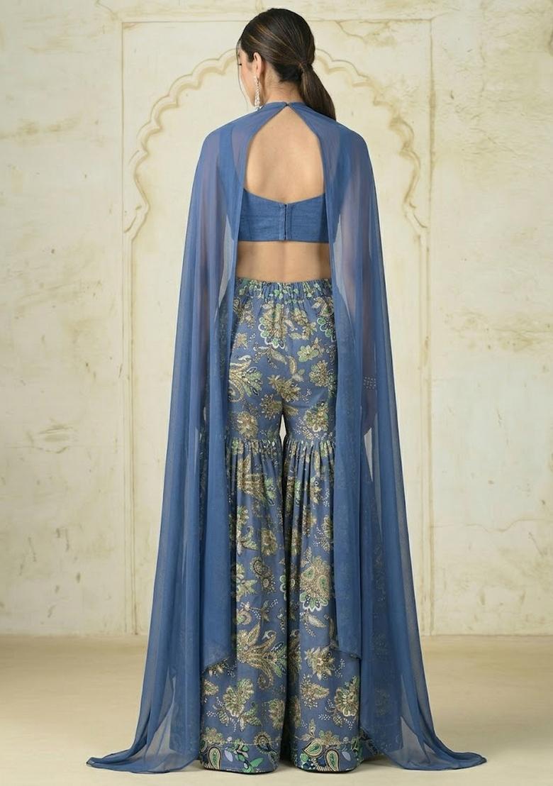 Royal Blue Embroidered Crepe Fusion Set - Indya