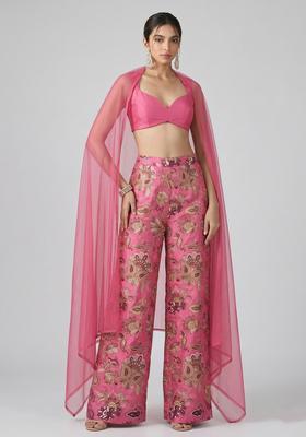 Pink Embroidered Crepe Fusion Set